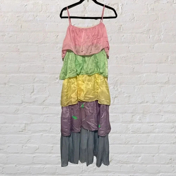 OLIVIA RUBIN Cici Tiered Silk Maxi Dress In Rainbow Neapolitan Colorblock - Size - Picture 4 of 12